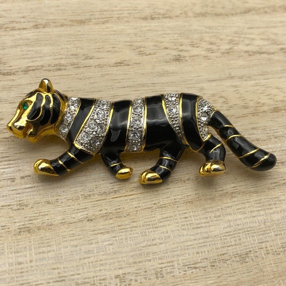 Estate Jewelry - Tiger Cat Brooch 2.5" Vintage Rhinestones Green Eye Black Stripes Gold Tone Pin